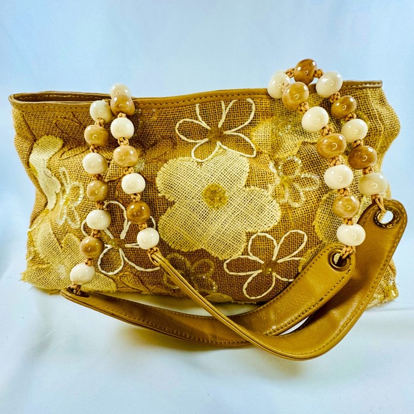 Embroidered Beaded Handbag Kanishka Hemp Sack Floral Design India Unique Rare - Picture 1 of 10